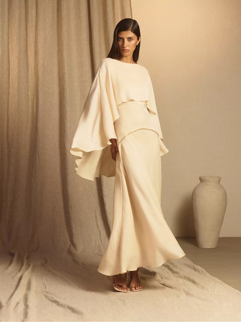NEW The One LichiTextured Maxi Dress with a Cape Rhinestone Size Small Cream NWT